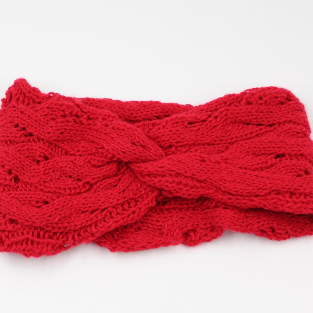 Handmade Hand Knit Red Cashmere Cables and Lace Ear Warmer Headband